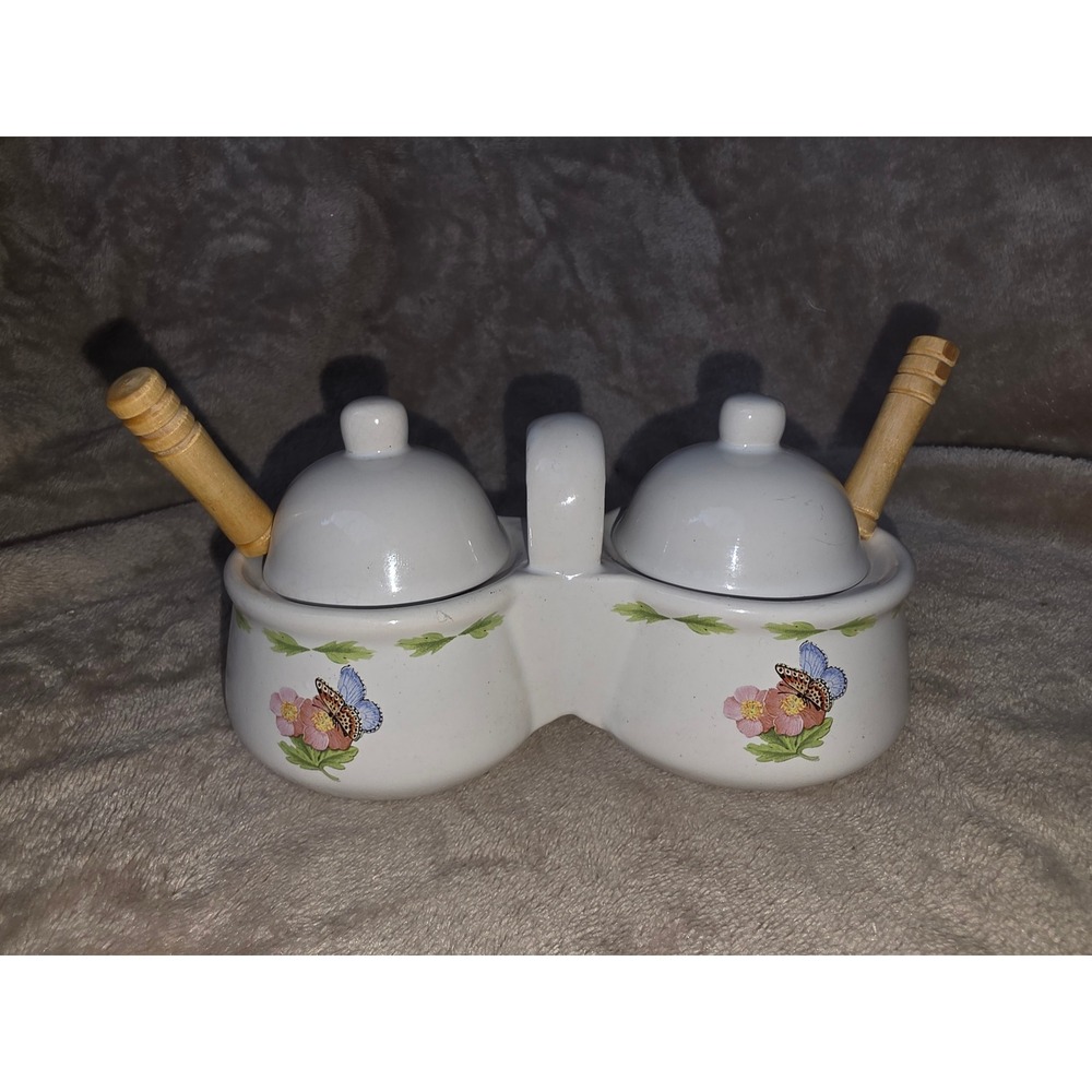 Hallmark Houston Harvest Ceramic Double Condiment Server Butterfly Floral 31832